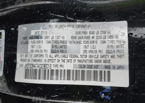 2010 Mazda Cx-9 Sport z USA, uszkodzony, nr VIN JM3TB3MA7A0236018